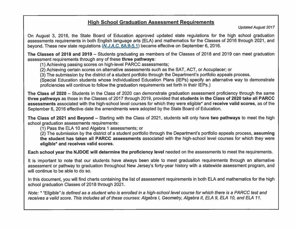 High School Graduation Assessment Requirements Updated August 27 On August 3, 26, the State Board of Education approved updated state regulations f the high school graduation assessments requirements