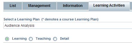 Select the Learning Activities tab to move to the next section. 9. Select your view of the learning plan activities. Learning: View the learning cycle and the learning activity.