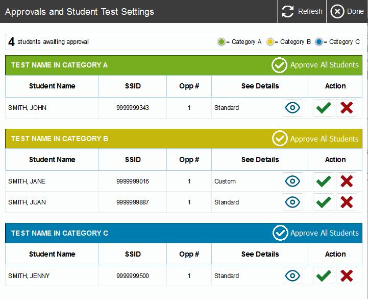 Use the Summative Sites ; Figure 22. Approvals and Student Test Settings window 2.