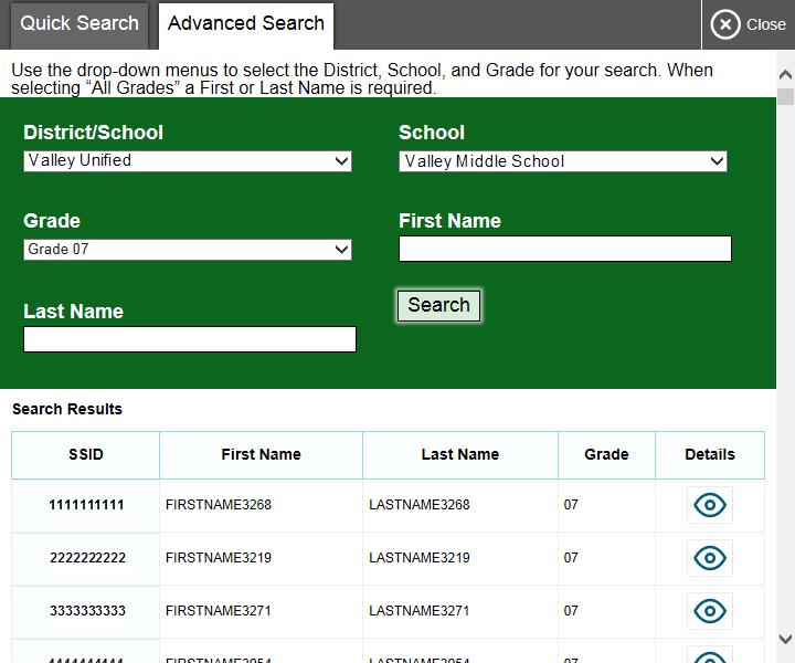 Use the Summative Sites ; Figure 26. Student Lookup: Advanced Search 3. To view a student s information, select the [Details] [ ] button in the Details column.