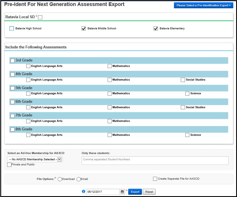 Running the Pre-Ident for Next Generation Assessment Export The name in the Dropdown for the Pre-Identification Export has been changed to the Pre-Ident for Next Generation.