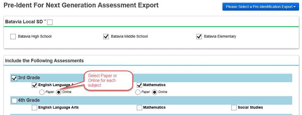 2. In the next section, select the grade level subjects you wish to include in the file. The option to choose Paper or Online is now available for each grade level/testing area combination.