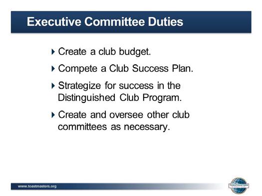 executive committee responsibilities. Oversee the executive committee.