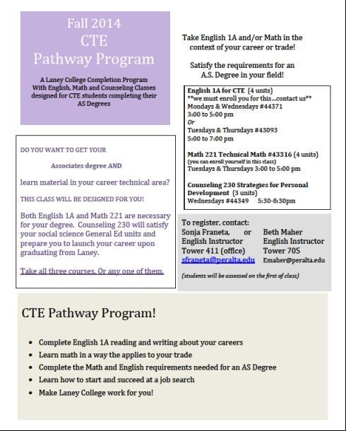 Contextualized AS Degree Classes English 1A for CTE (Papers on CTE subject