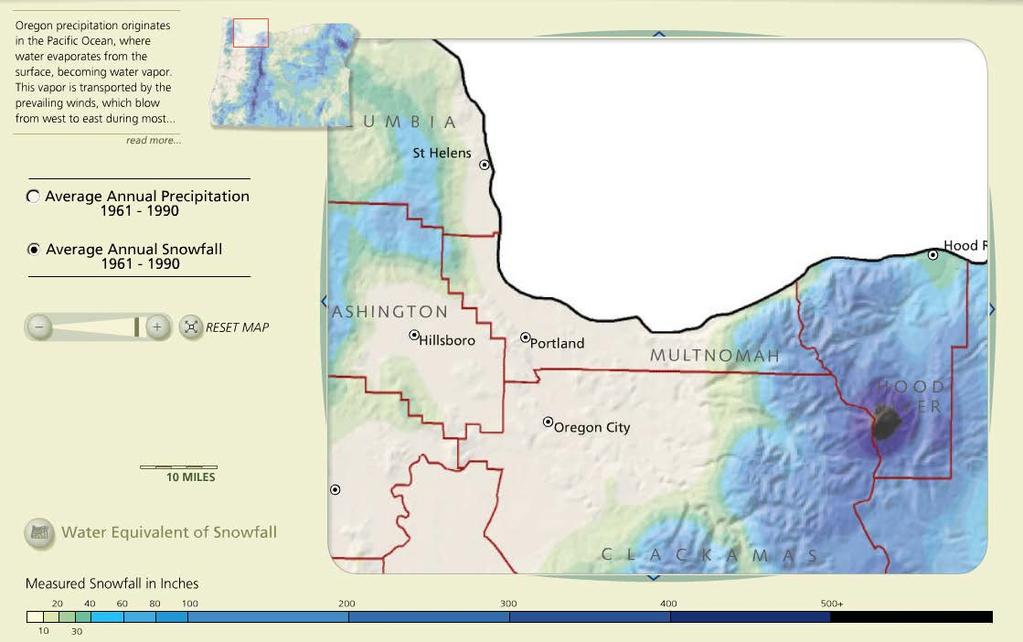 Figure 2.3 Multnomah County Snowfall Patterns Atlas of Oregon CD ROM, 2002, University of Oregon Press.