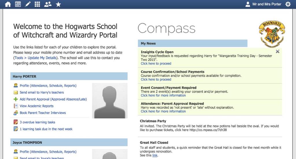 The Compass home screen The home screen provides you with relevant alerts and news, as well as quick access to your child s profile.