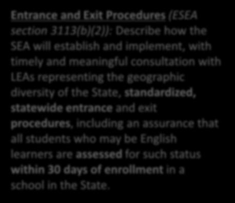 ESSA State Plan, Title III, Part A Entrance and Exit Procedures (ESEA section 3113(b)(2)): Describe how the SEA will establish and implement, with timely and meaningful consultation with LEAs