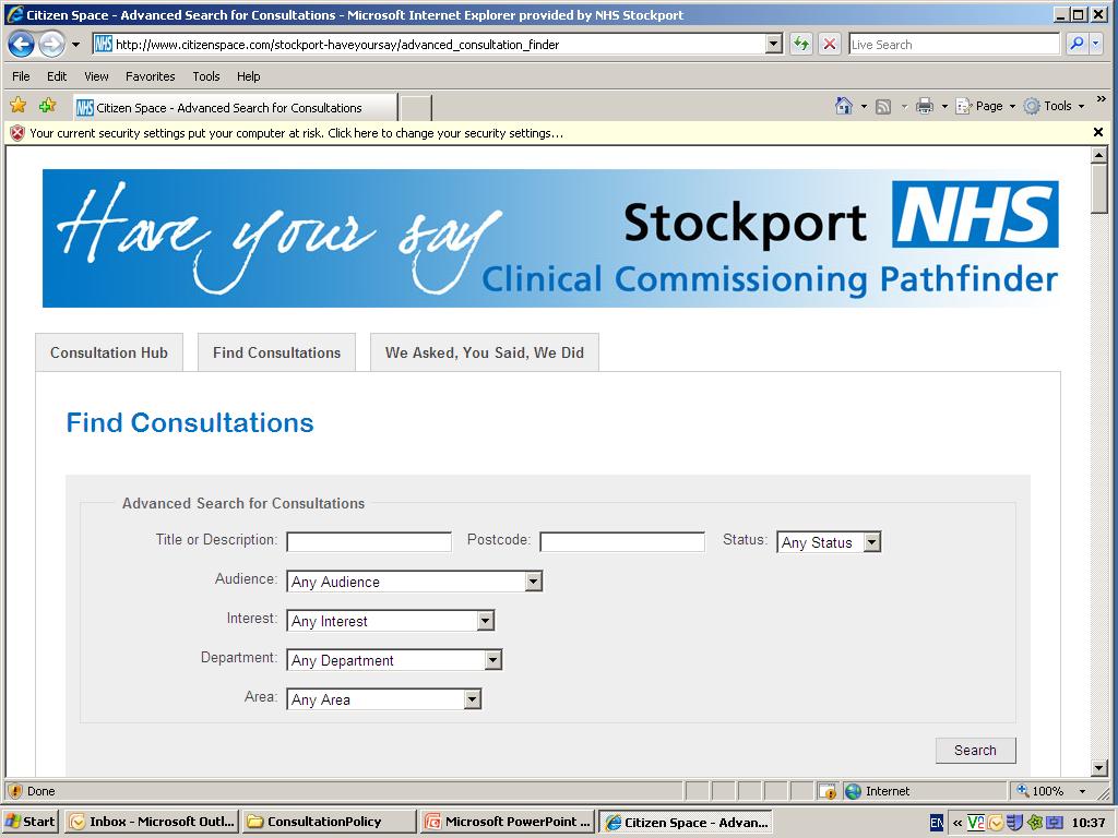 Searching the Consultation Hub You can do a simple search by topic or geographical area.