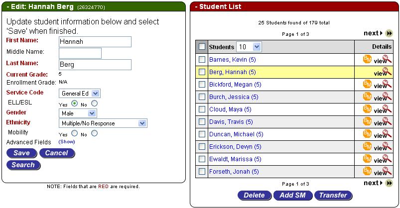 10 Page 10 My Classes Tab/Editing Students 2.1.3 Under the Student List are three buttons: Add SM, Delete and Transfer. You must perform a student search in some capacity to use any of these features.