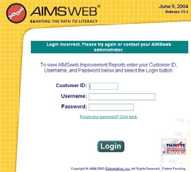 4 Page 4 Chapter I: Logging In, Personal Preferences & Logging Out Logging In To login to your AIMSweb Benchmark account, type the following web address into your computer s browser: www.aimsweb.com. 1.