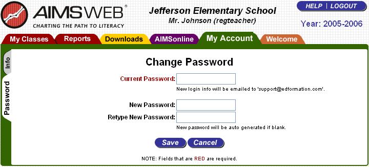 Tip: Once password or username changes are saved, AIMSweb will send an e-mail to you with your new login information.