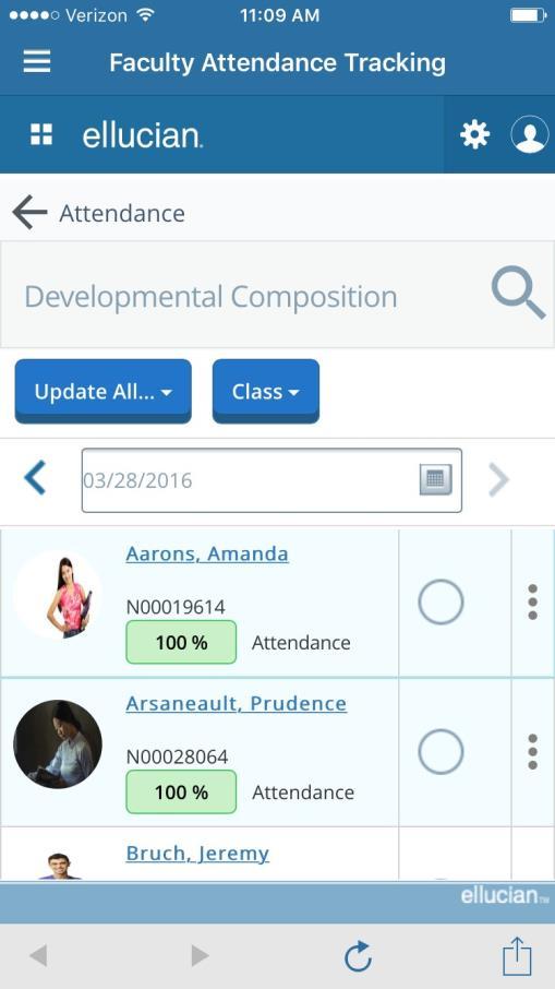 Attendance Tracking Responsive Design Student photos displayed