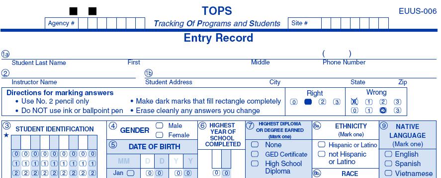 Entry Record Includes fields to collect demographics, such as learner gender and date of birth