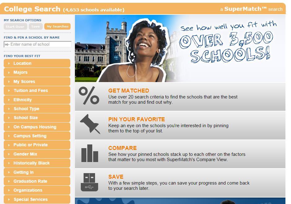 colleges SuperMatch: Narrow down the list of schools your student is interested in using the categories you
