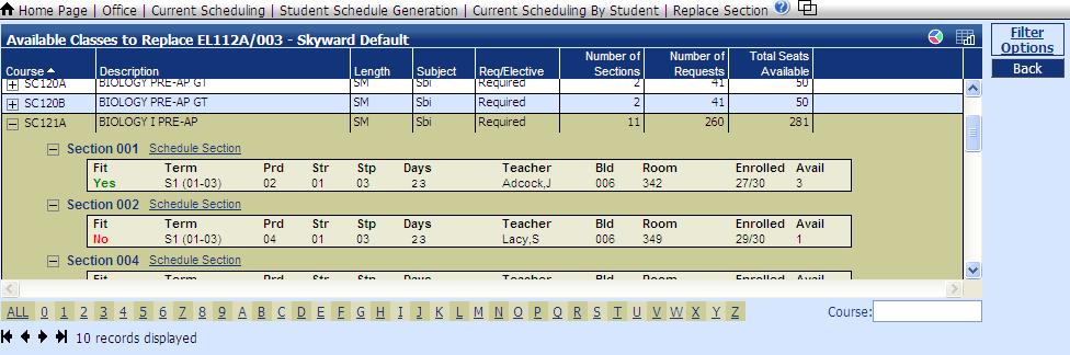 Changing from one Course to another after school starts When you need to change a student s schedule from one course to another, you will replace the course/section.