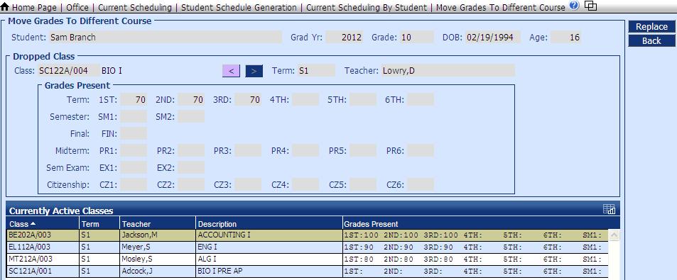 The top portion of the page displays the grades from the dropped course. The bottom portion of the page displays the course/sections for which the student is currently scheduled.