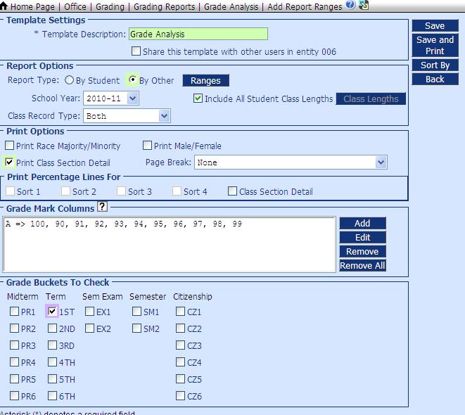 Grade Analysis Report Use this report for calculating the percentage of the types of grades that were issued in each class. Click the Add Button to create a Grade Analysis report.