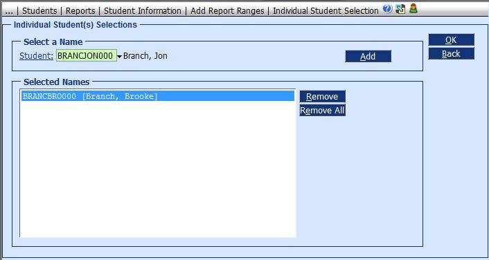 Individual Button: Find the student or students for which you want to print the report.