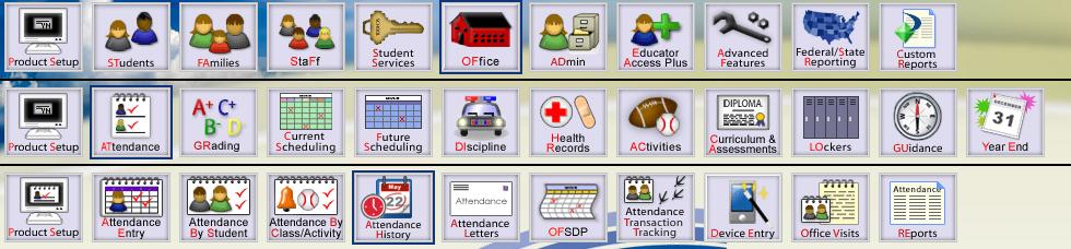 Attendance History Use this module to view attendance for students in prior years. Filter Options button: Select All Students or Only Active Students.