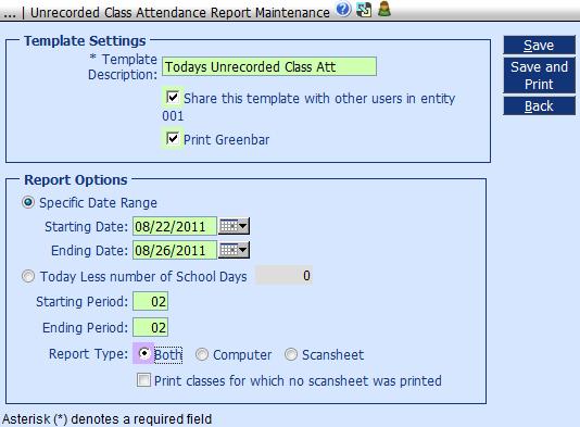 Click the box to share with other users. Click the box to print the report as Greenbar. Report Options: Enter the specific date range for which you want to run the report.