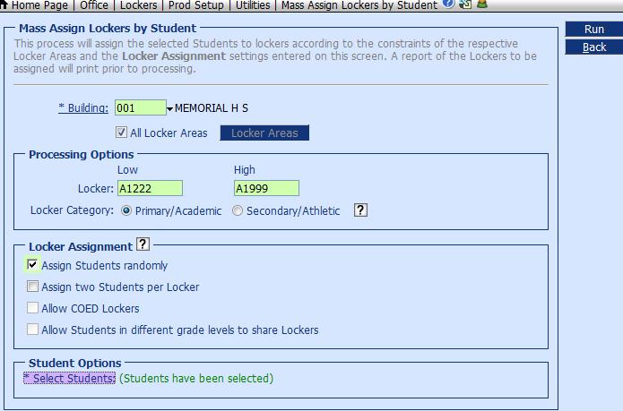 Mass Assign Lockers by Student Use this option to mass assign selected students to lockers. Building: Click the Building link to select your campus number. All Locker Areas: Leave checked.