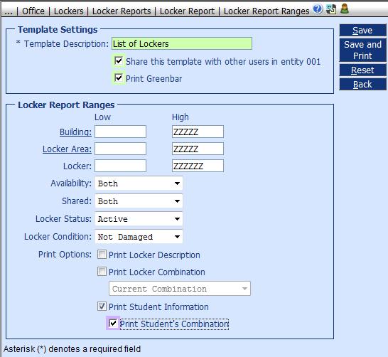Locker: Enter a range of lockers for which to print your report. Leave blank to list all lockers.