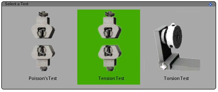Select Test Window Definition The simulation is able to run three labs found within your course: tension, torsion, and Poisson's test.
