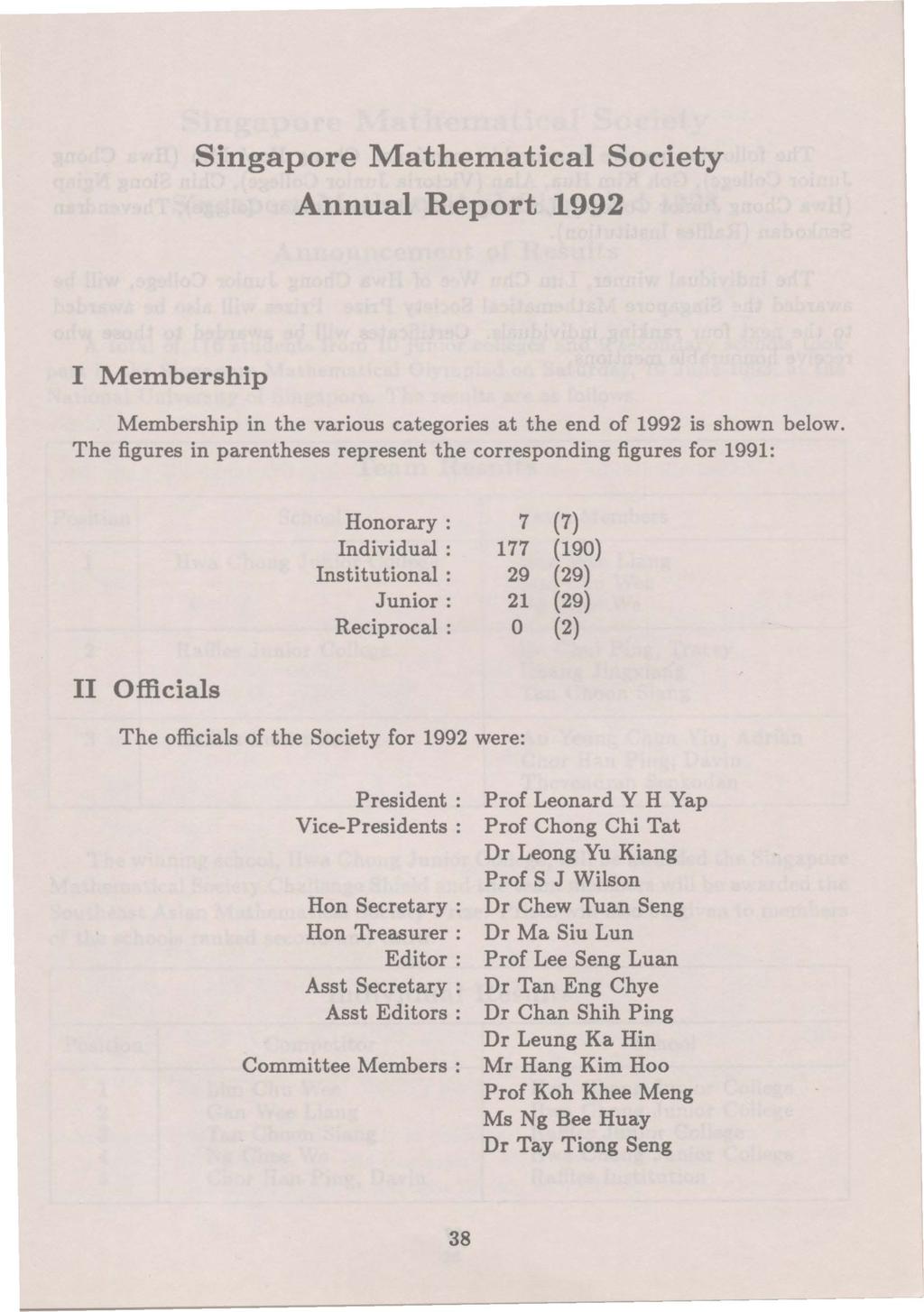 Singapore Mathematical Society Annual Report 1992 I Membership Membership in the various categories at the end of 1992 is shown below.