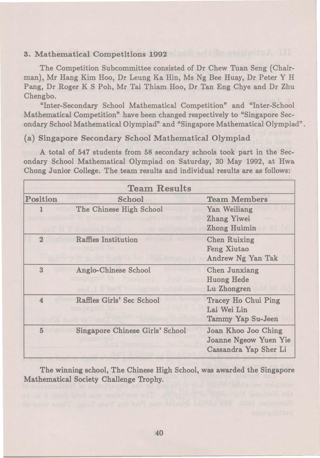 3. Mathematical Competitions 1992 The Competition Subcommittee consisted of Dr Chew Tuan Seng (Chairman), Mr Hang Kim Roo, Dr Leung Ka Hin, Ms Ng Bee Huay, Dr Peter Y H Pang, Dr Roger K S Poh, Mr Tai