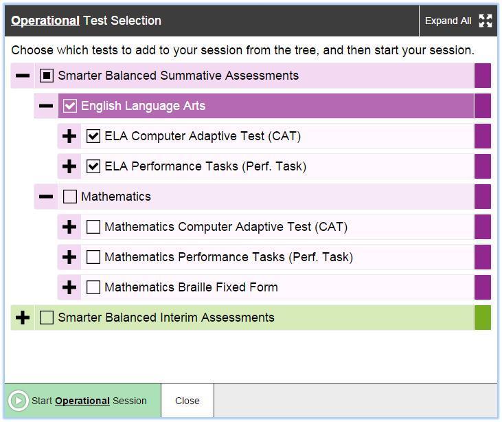 Select the appropriate content area and test type for the class being tested in the session by