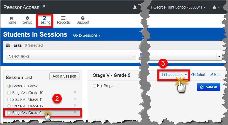 Step 1 On the Reassessment Test administration home page, select Students in Sessions from the Testing drop