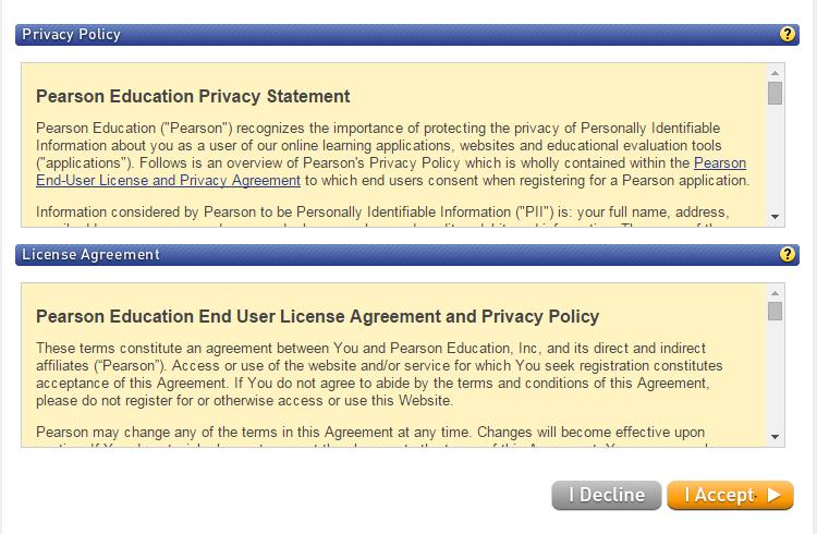 Step 4: Verify that the image and description matches the information to the right then select student registration. Step 5: Read and accept Pearson s license Agreement and Privacy Policy.