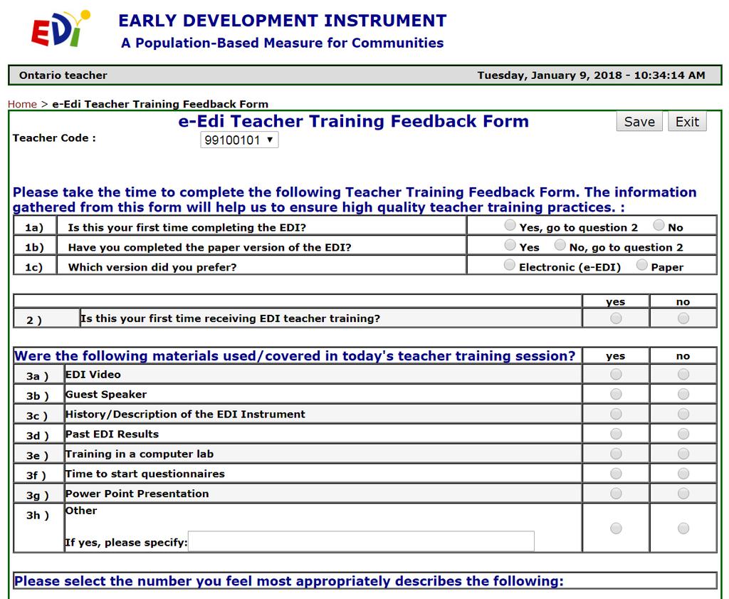 Early development instrument: a population-based measure for communities Page 33 STEP 2: Complete the sections with information on your teacher training session.