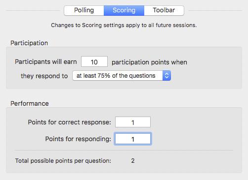 6 6. Click on the Scoring section under the Polling tab. Adjust how many points students will receive for participating in class and answering questions correctly. 7.