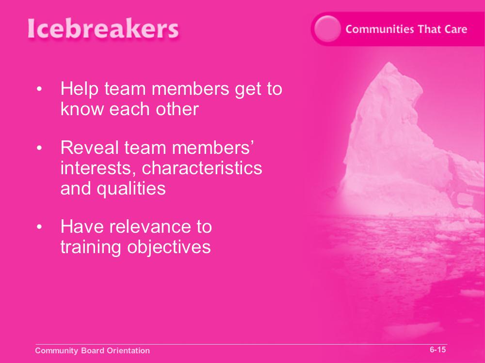 Communities That Care Slide 6-15 Objective 1: Develop team-building skills. Review the slide. Ask participants to think about some icebreakers that have been modeled for them in this orientation.