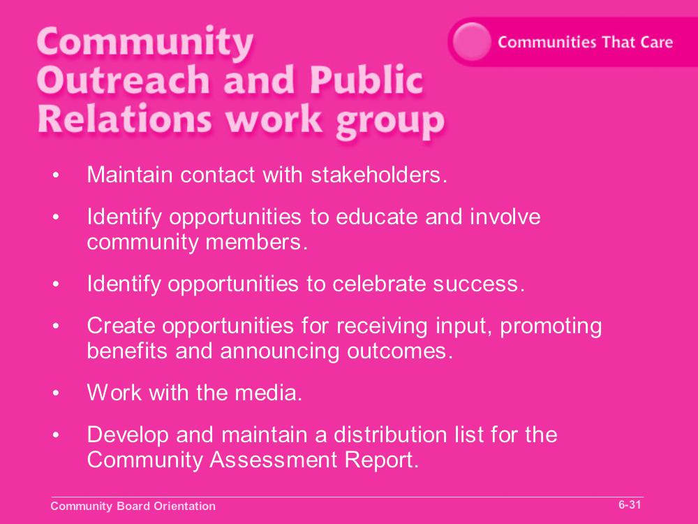 Communities That Care Slide 6-31 Objective 3: Identify the functions and activities of the Community Board work groups.