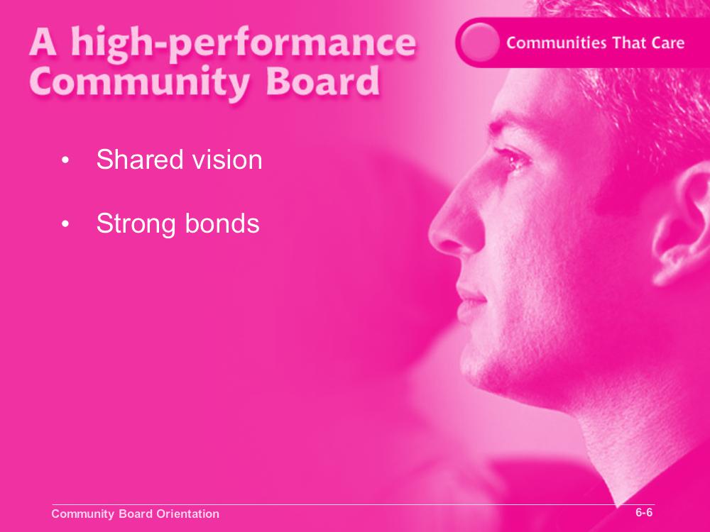 Communities That Care Slide 6-6 Objective 1: Develop team-building skills. Review each item as you click it onto the screen. When board members share a vision, they develop a sense of common purpose.