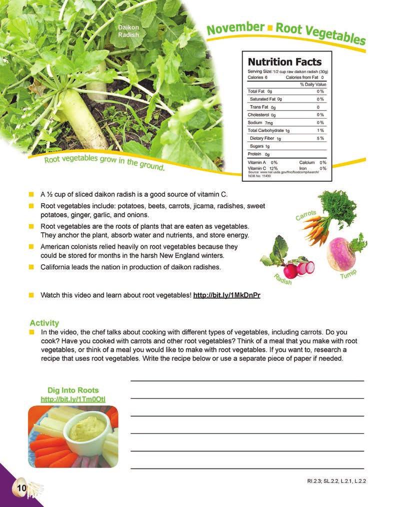 November Learning Objectives Name a nutrient found in daikon radishes. Recall a root vegetable fun fact. Describe how root vegetables grow. Write a recipe that uses root vegetables.