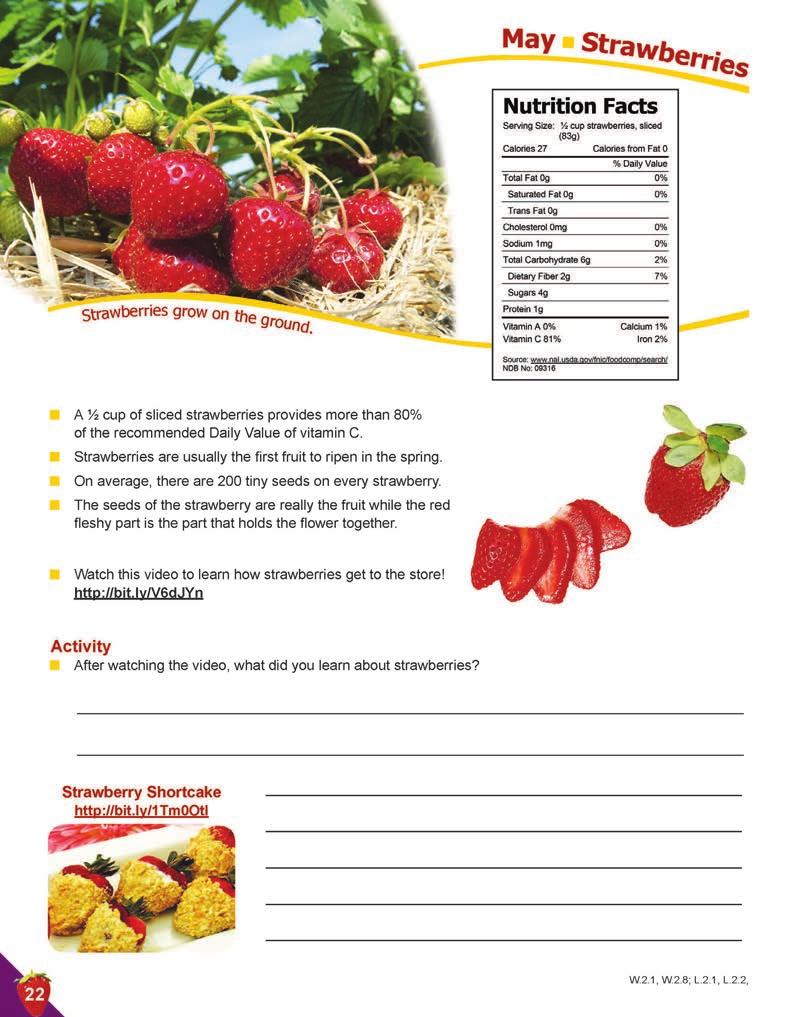 May Learning Objectives Name a nutrient found in strawberries. Recall a strawberry fun fact. Describe how strawberries grow. Classify foods into the appropriate food groups.
