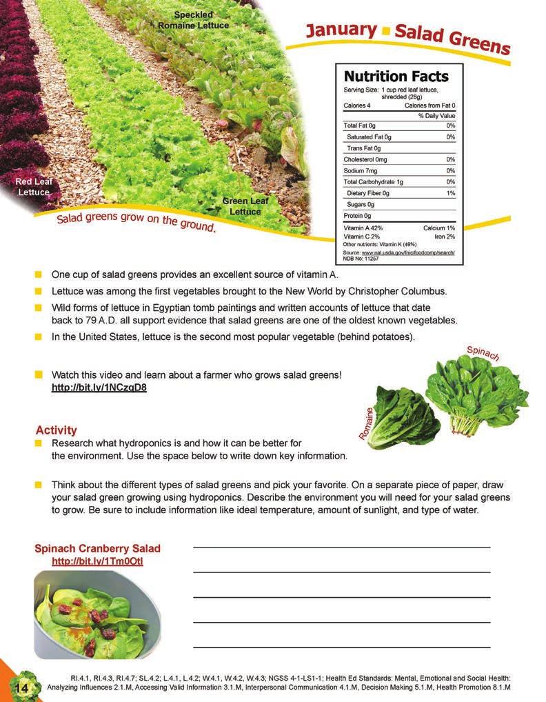 January Learning Objectives Name a nutrient found in red leaf lettuce. Recall a salad green fun fact. Describe how salad greens grow. Diagram hydroponics and describe the growing environment.