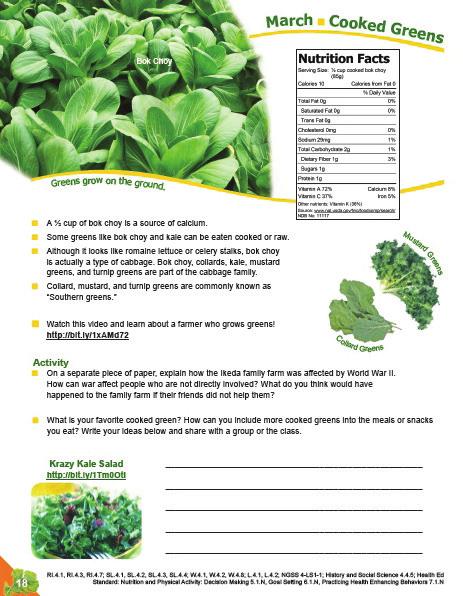 March Learning Objectives Name a nutrient found in bok choy. Recall a greens fun fact. Describe how greens grow. Identify ways to include more cooked greens into meals.