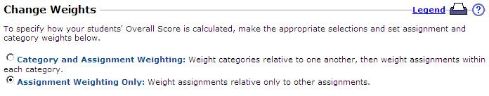 The Assignment Weighting section within the category lists all of the assignments in your course. The default assignment weight for each test is 10 points.