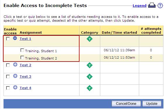Note: You can also click All Assignments or Quizzes to search for an interrupted quiz or test. 2. Enable access to the interrupted test. Click access needed to go to student's Results page.