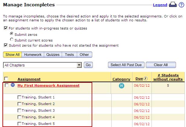 Check the box for one or more students, or check the box for the assignment to select all students and click Submit to submit zero scores for these students.