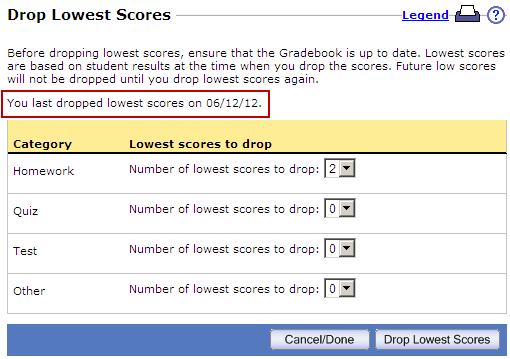 Note: Lowest scores are based on student results at the time when you drop the scores. Future scores are not considered until you drop lowest scores again.