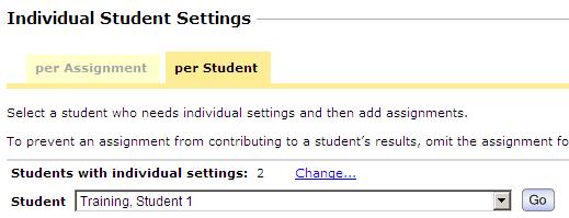 On this page, the two students with personalized settings on Test 1 show up in the Student dropdown list.
