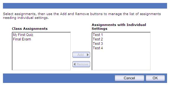 Click OK to return to the Individual Student Settings page. On the Individual Student Settings page, check the box at the top of the leftmost column to select all tests.