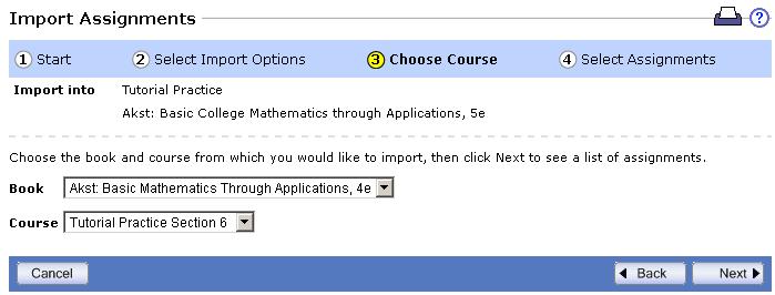 In Step 1 of the Import Assignments wizard, select the second option to convert and import assignments from courses using a previous edition. Click Step 3 to choose the source book and course.