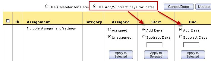 On the Change Due Dates & Assign Status page, you can change the Start and Due dates for your assignments, as well as the final submission dates for late homework.