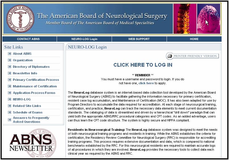 alternate site e.g., Board of Neurosurgery, CTS site.